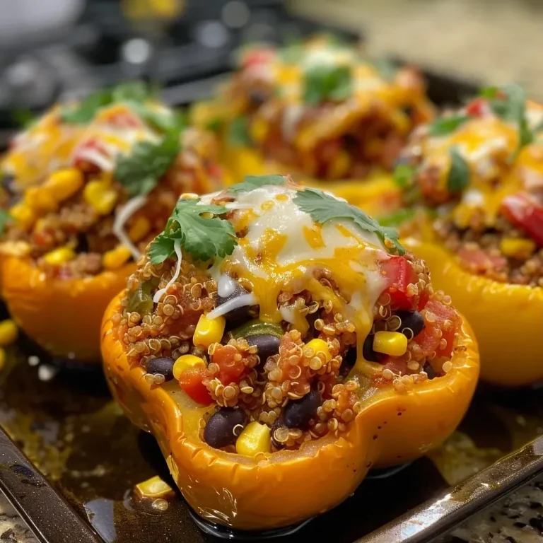Vibrant Roasted Stuffed Bell Peppers: A Flavor Explosion in Every Bite! Side view of succulent roasted stuffed bell peppers filled with quinoa, ground turkey, and colorful vegetables.