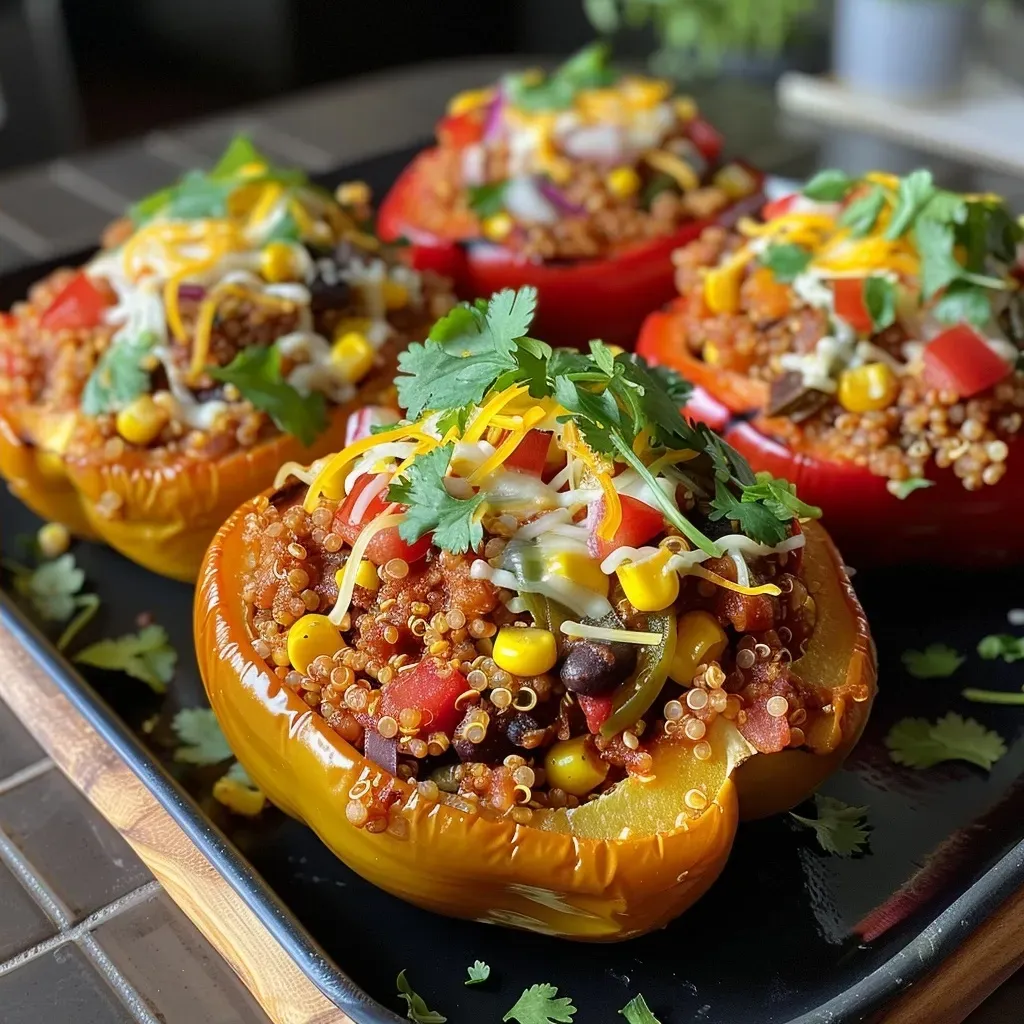 Close-up shot of juicy roasted bell peppers, showcasing stuffing of quinoa and beans topped with melted cheese.