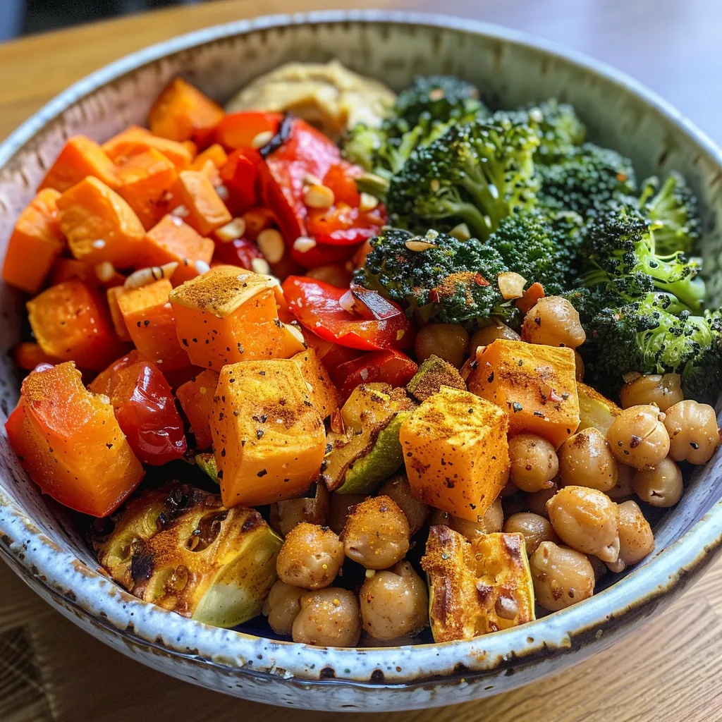 A vibrant assortment of roasted sweet potatoes, bell peppers, zucchini, and broccoli topped with chickpeas and tahini dressing.