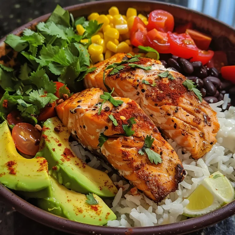 Elevate Your Dinner Game with This Flavor-Packed Salmon Burrito Bowl Close-up view of a Salmon Burrito Bowl filled with colorful ingredients.