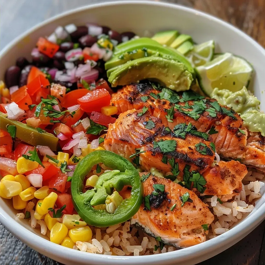 A vibrant salmon burrito bowl featuring salmon, rice, and vegetables, photographed from the side.