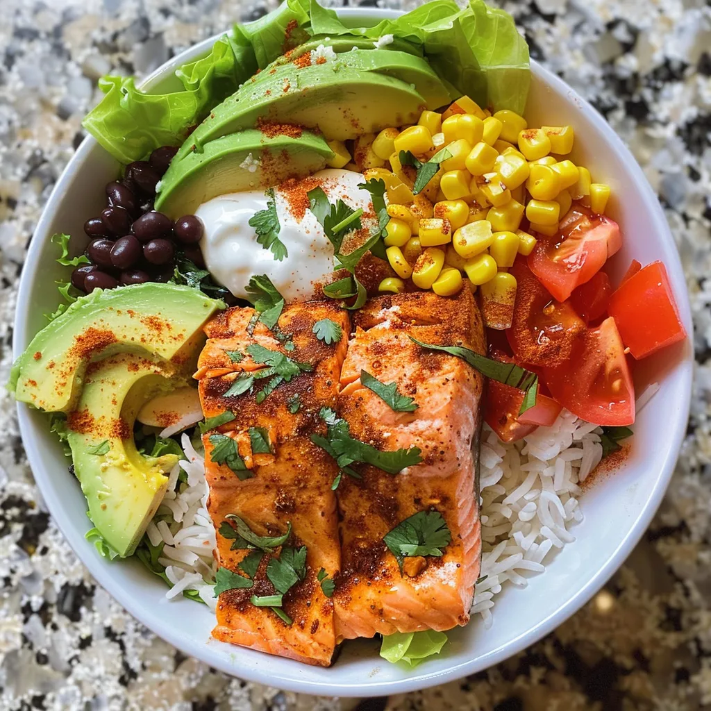 Side view of a delicious Salmon Burrito Bowl showcasing salmon and fresh toppings.