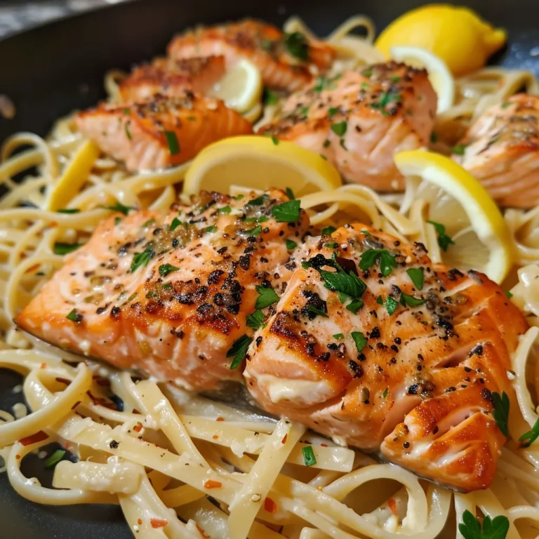 Whirlwind Salmon Pasta: A Creamy, Zesty Delight in Just 30 Minutes! Close-up of a bowl of salmon pasta with herbs and lemon slices.