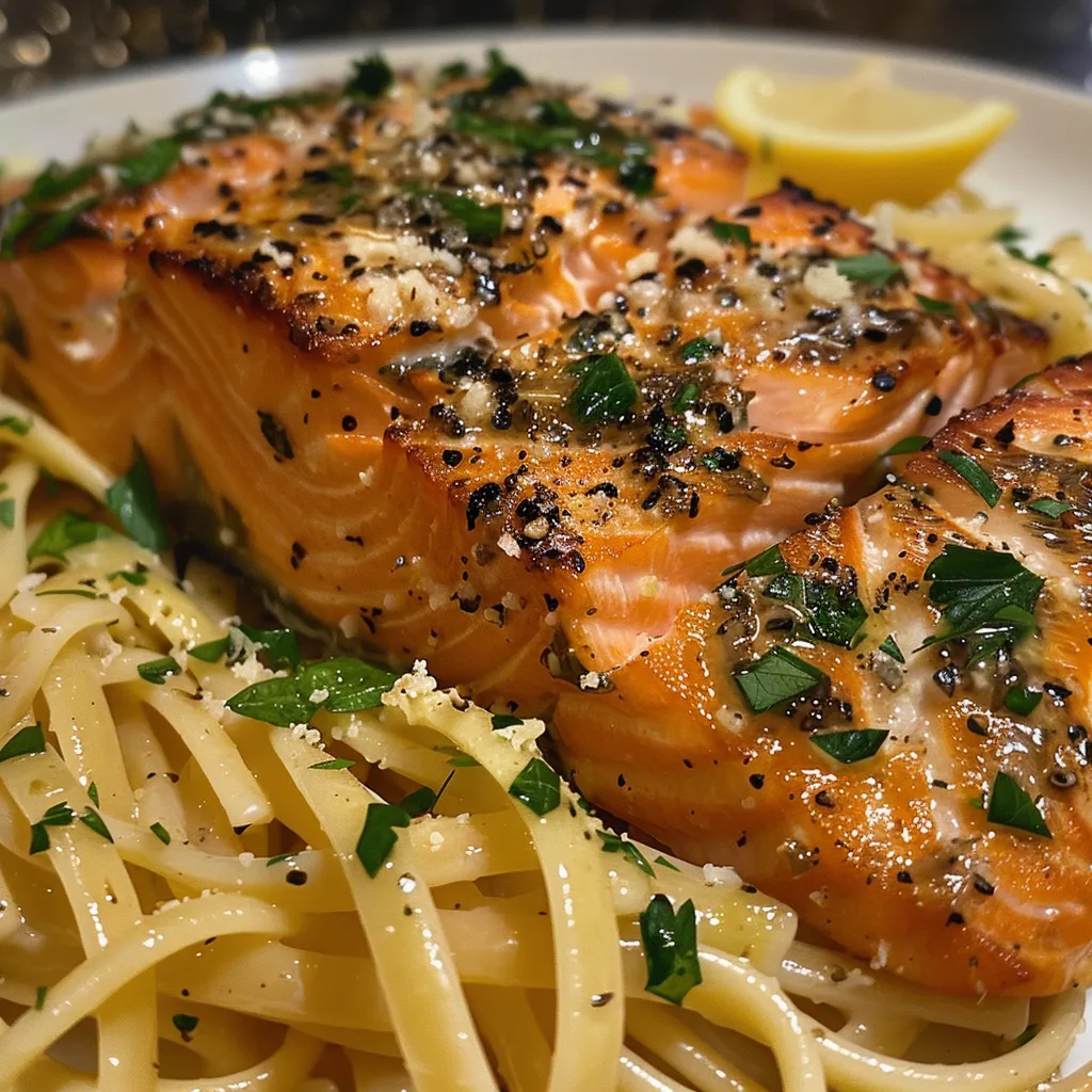 Side view of a delicious salmon pasta dish topped with parsley.