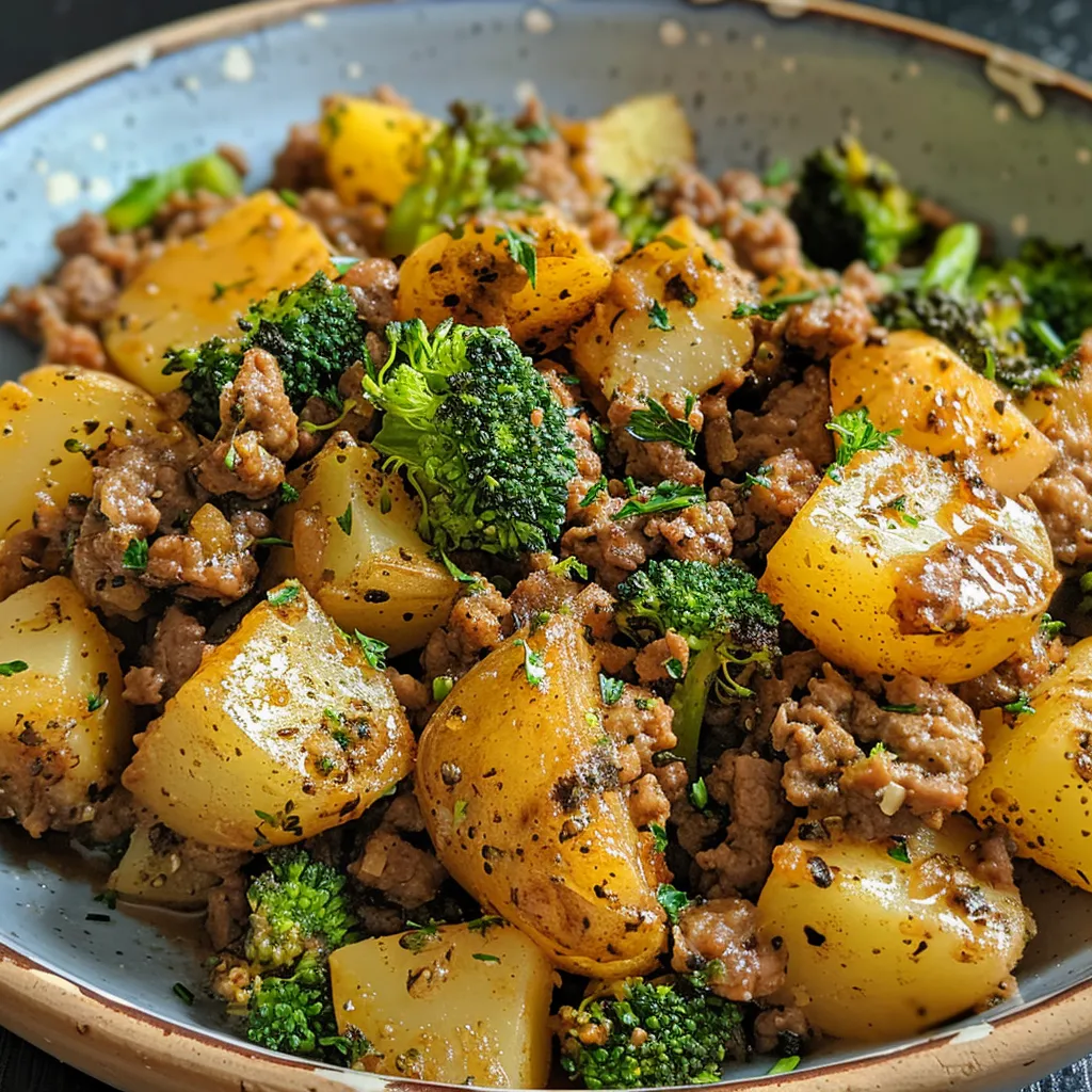 A vibrant meal featuring seasoned ground beef alongside herb-roasted potatoes and broccoli.