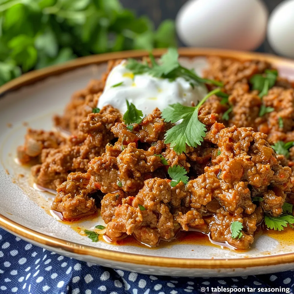 Close-up view of savory ground beef garnished with fresh herbs and yogurt.