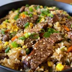 Close-up view of savory onion beef fried rice with colorful vegetables and sliced green onions on top.