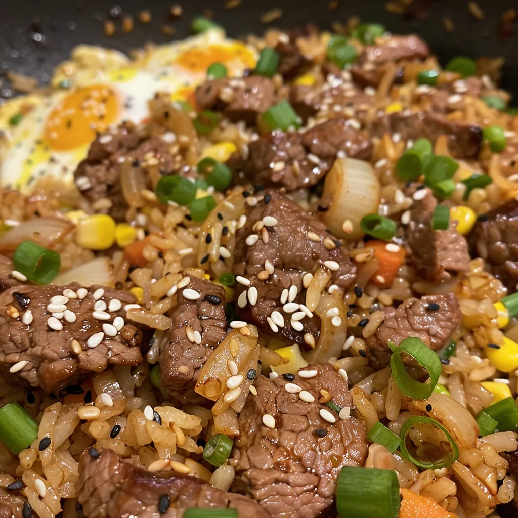A vibrant dish of beef fried rice featuring juicy pieces of beef, onions, and mixed vegetables, garnished with sesame seeds.