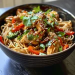 Close-up side view of a vibrant sesame chicken noodle bowl garnished with fresh vegetables and sesame seeds.