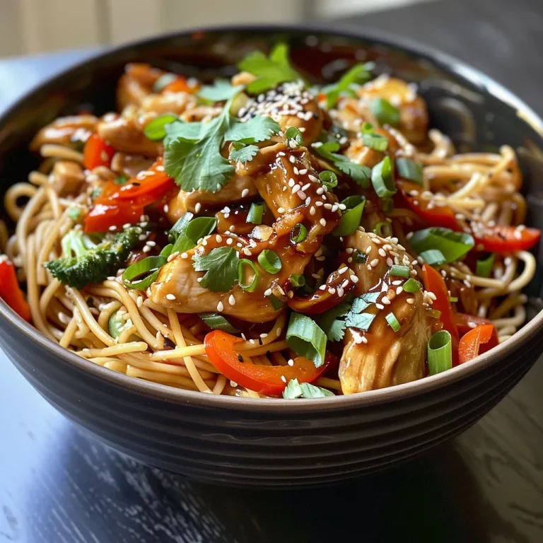 Close-up side view of a vibrant sesame chicken noodle bowl garnished with fresh vegetables and sesame seeds.