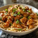 Close-up view of a colorful sesame chicken noodle bowl topped with fresh vegetables.