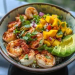 Close-up of a delicious shrimp and avocado bowl with mango salsa.