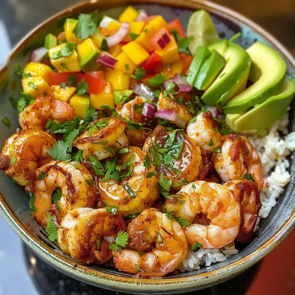 Side view of a shrimp bowl featuring sliced avocado and vibrant mango salsa.