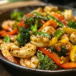 Close-up view of a colorful shrimp and veggie stir fry with vibrant bell peppers and broccoli.