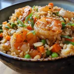 Close-up view of a shrimp fried rice bowl with vibrant colors and textures.