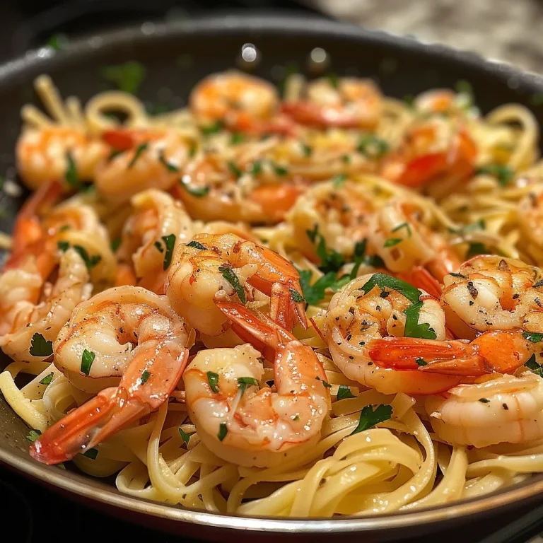 A close-up view of a plate of shrimp scampi with pasta, garnished with parsley.