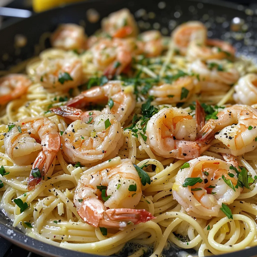 Juicy shrimp scampi served over spaghetti, glistening with olive oil and butter.