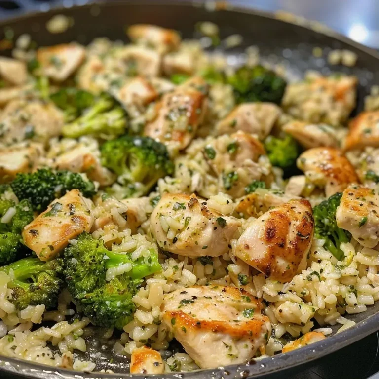 Close-up side view of a skillet filled with cheesy chicken, broccoli, and rice.