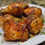 Close-up side view of juicy smoked paprika chicken on a plate.