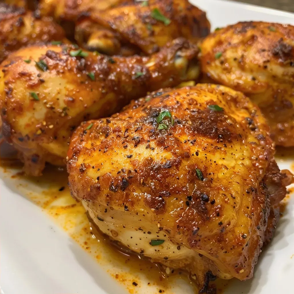Side angle photo of tender smoked paprika chicken, highlighting its golden-brown crust.