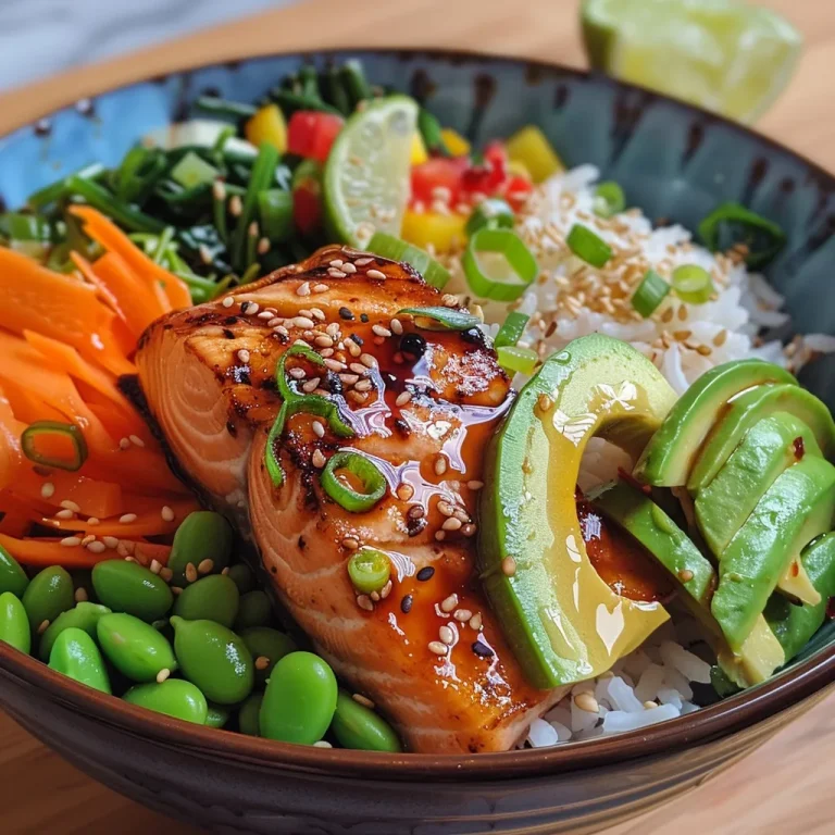 Close-up of a Soy Ginger Salmon Bowl featuring vibrant ingredients.