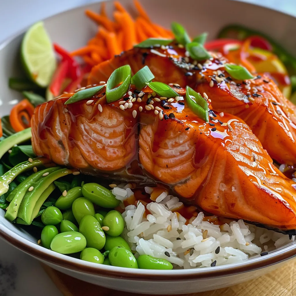 Side view of a delicious Soy Ginger Salmon Bowl with colorful vegetables.