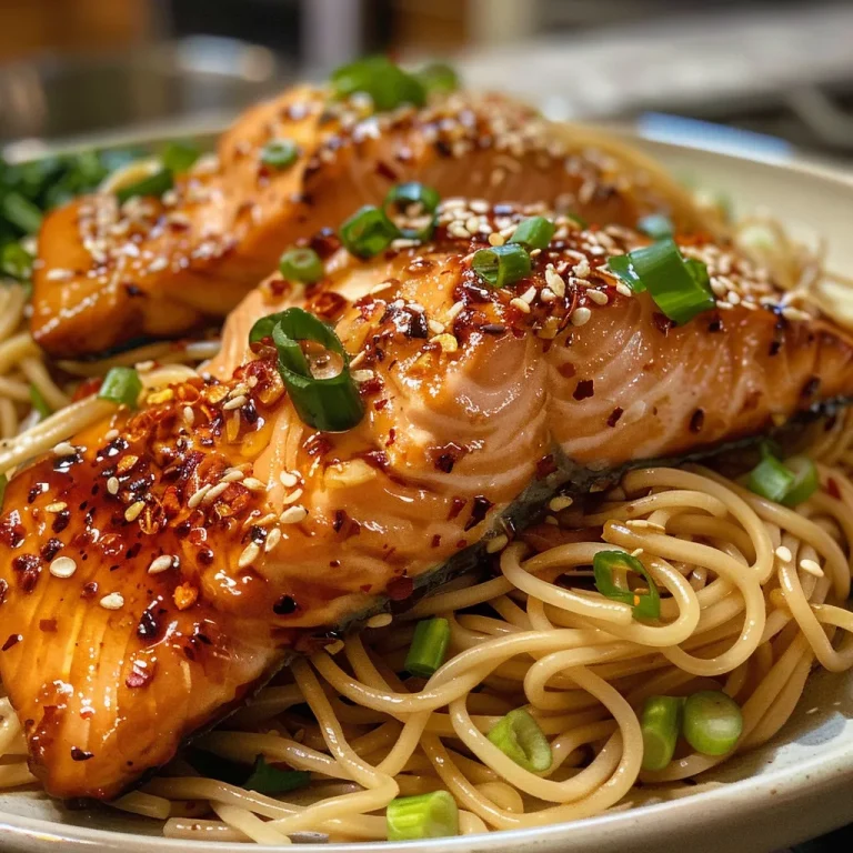 Savor the Flavor: Soy Sauce Garlic Butter Noodles with Salmon That Will Make Your Taste Buds Dance! Close-up of soy sauce garlic butter noodles topped with salmon pieces.