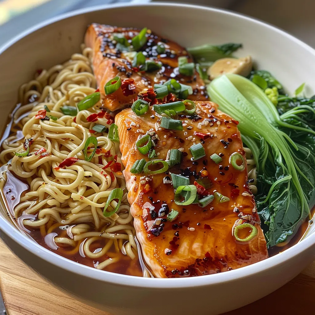 Juicy noodles with garlic, butter, and salmon fillets in a bowl.