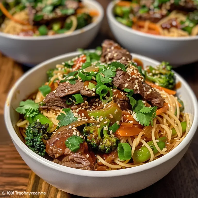 Close-up of a bowl filled with spicy Asian beef noodle dish, featuring green onions, broccoli, and sesame seeds.