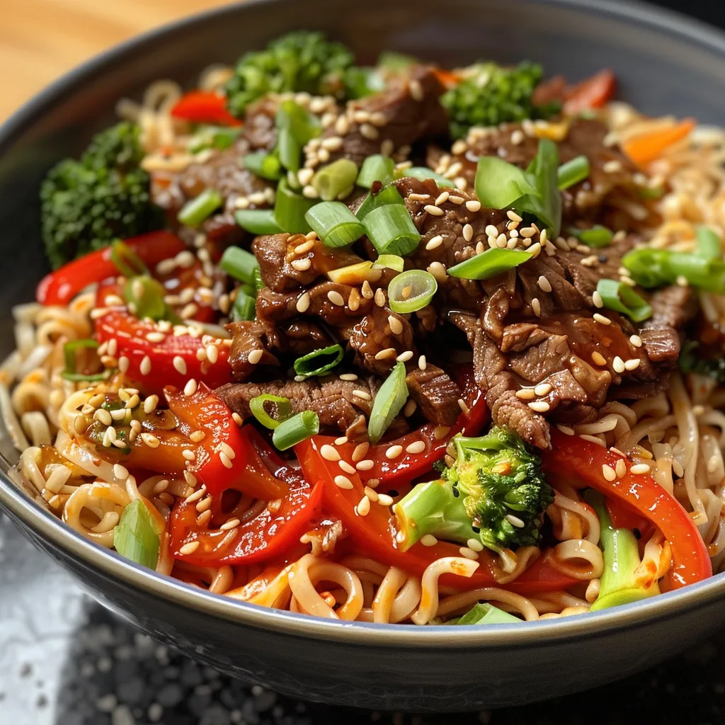Side view of a delicious bowl of spicy Asian beef noodles with colorful vegetables and garnishes.