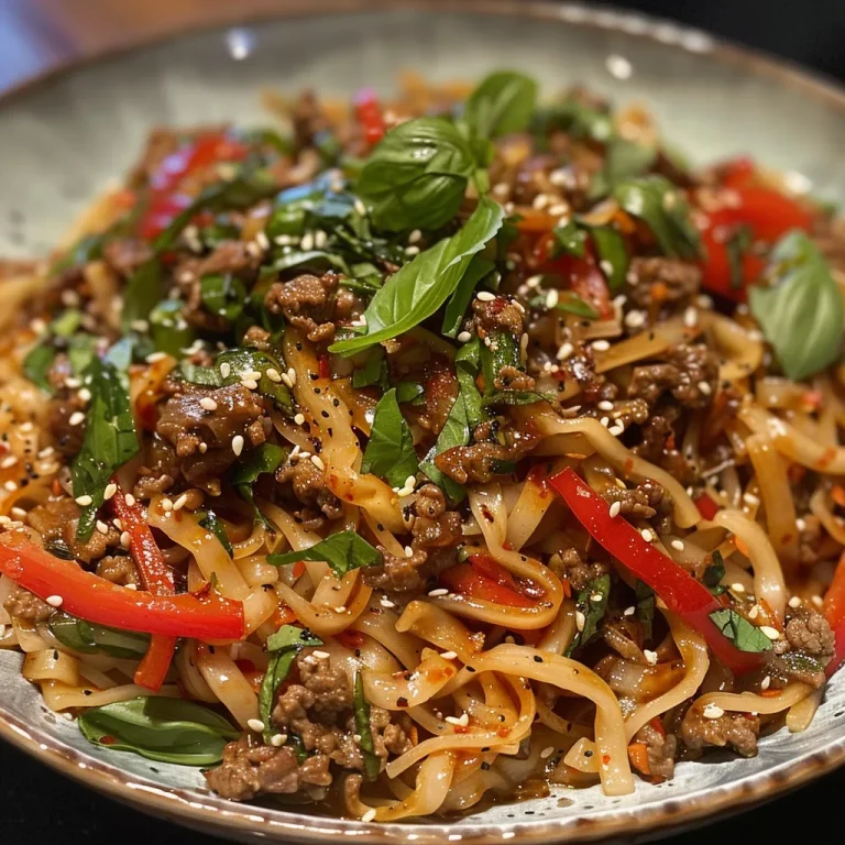 Ignite Your Taste Buds with These Spicy Beef Noodles! A close-up side view of spicy beef noodles with vibrant red bell peppers and herbs.