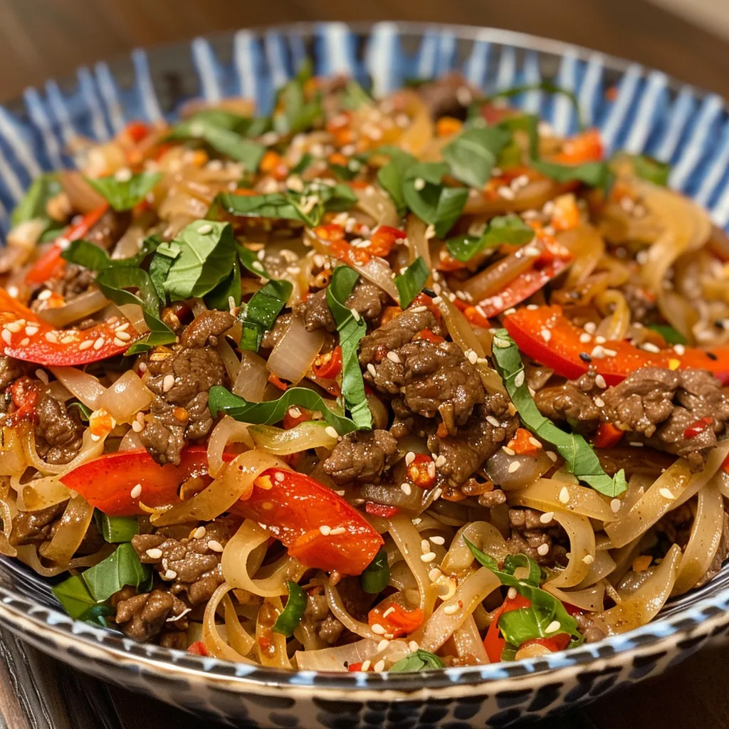 Juicy beef noodles featuring ground beef, sliced onions, and a glossy sauce.