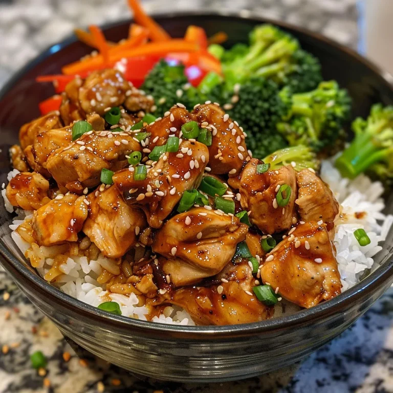 Close-up of Spicy Chicken Rice Bowl with vibrant vegetables and sauce.