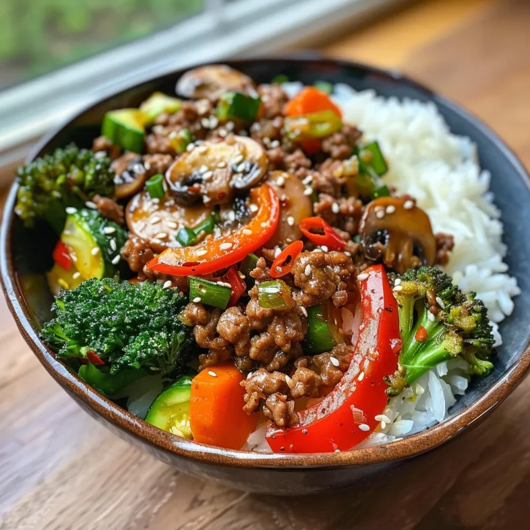 Ignite Your Dinner Routine with a Spicy Ground Beef Stir-Fry Bowl! A vibrant Spicy Ground Beef Stir-Fry Bowl with colorful vegetables and rice.