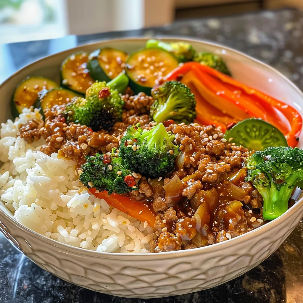 Close-up of a delicious stir-fry bowl featuring ground beef, broccoli, and red bell pepper.