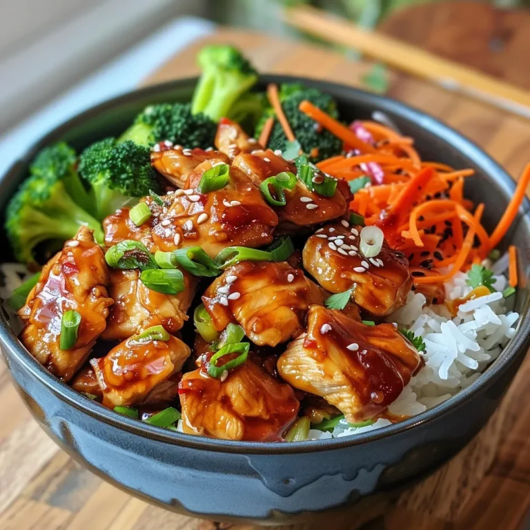 Close-up of a Spicy Honey-Ginger Chicken Bowl garnished with sliced cucumber, avocado, and fried wontons.
