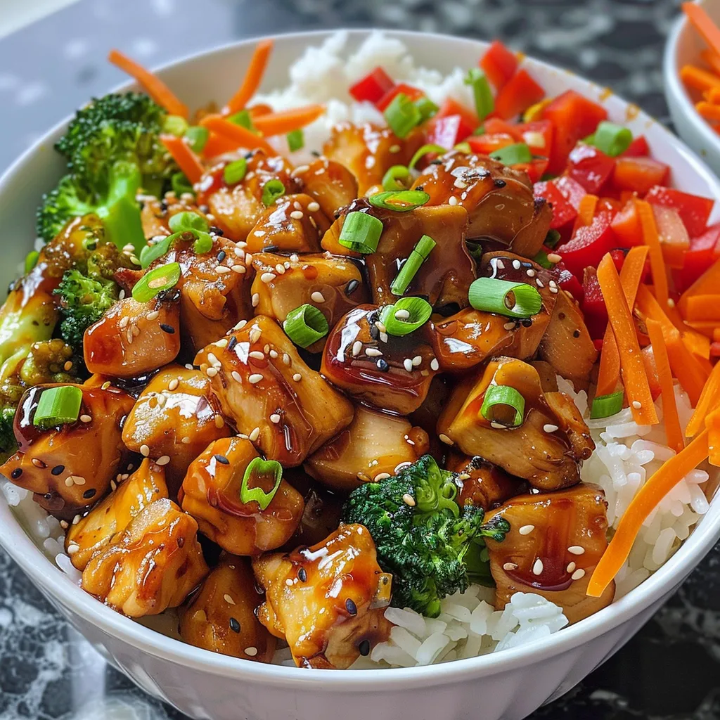 Side view of a colorful Spicy Honey-Ginger Chicken Bowl featuring rice, kimchi, and a drizzle of Yum Yum sauce.