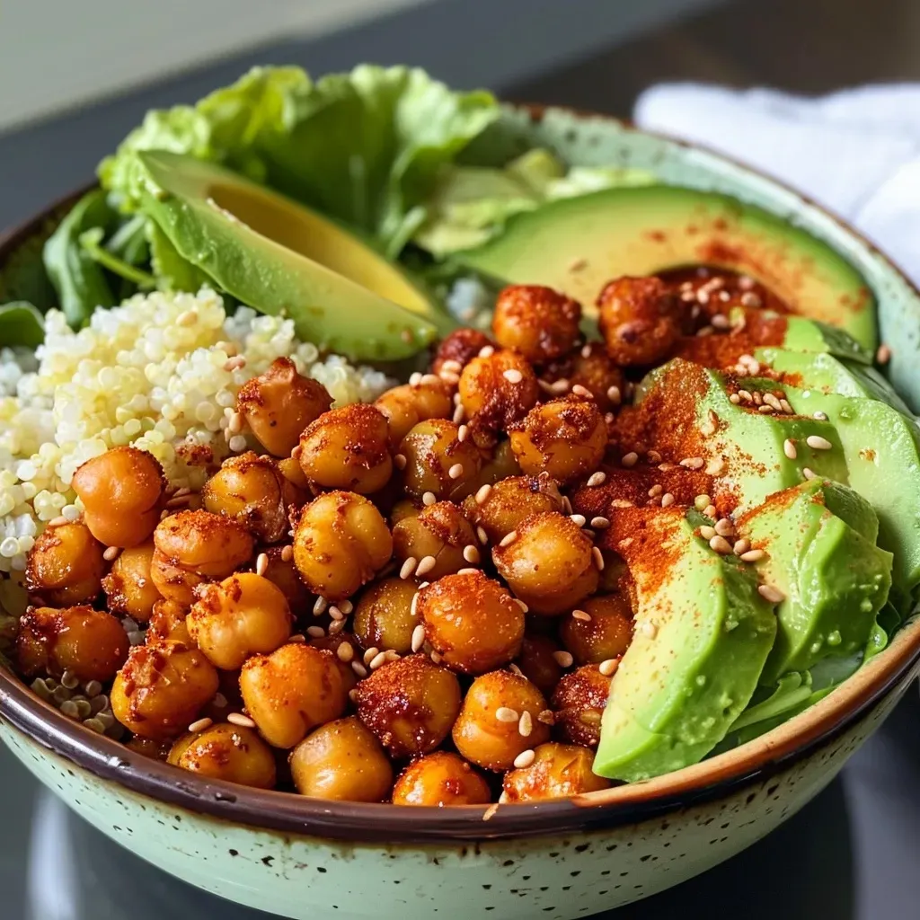 Colorful chickpea and avocado bowl featuring roasted chickpeas, sliced avocados, and grains.