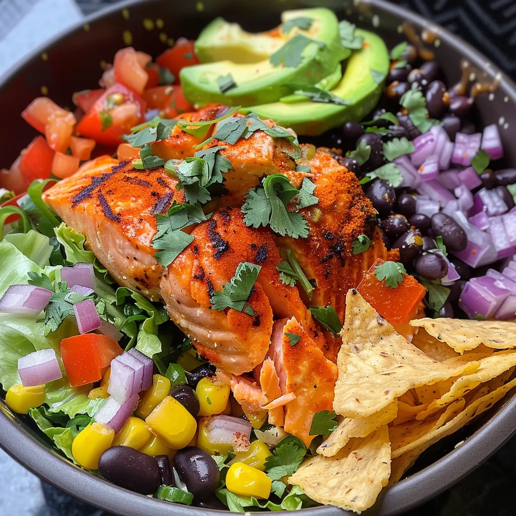 Side angle of a vibrant Spicy Salmon Burrito Bowl with fresh toppings.