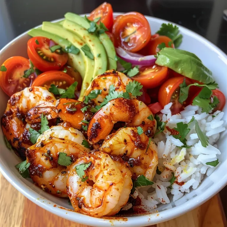 Ignite Your Taste Buds: The Spicy Shrimp and Avocado Rice Bowl Adventure A close-up view of a Spicy Shrimp and Avocado Rice Bowl showcasing colorful ingredients.
