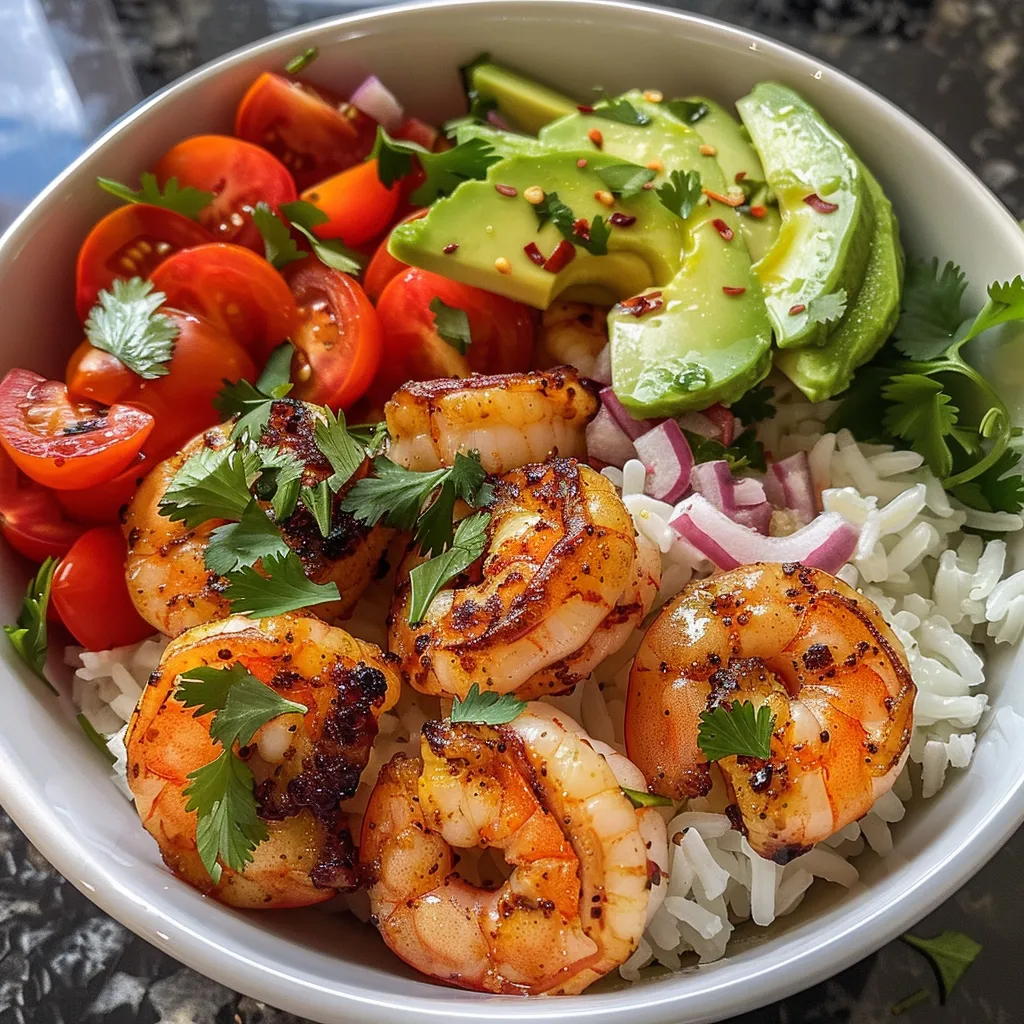 Side view of a vibrant Spicy Shrimp and Avocado Rice Bowl with shrimp, avocado, and cherry tomatoes.