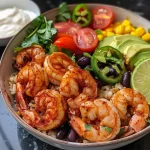 Close-up view of a spicy shrimp burrito bowl filled with colorful ingredients.