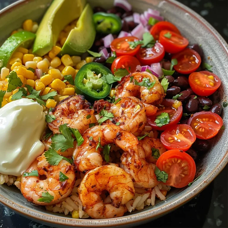 A close-up side view of a colorful spicy shrimp burrito bowl with fresh ingredients.
