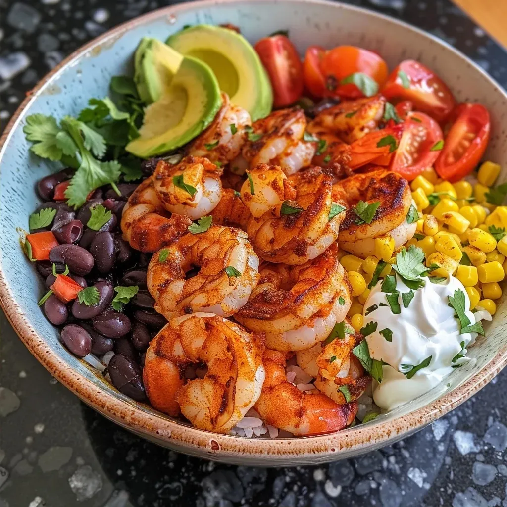 Side angle of a vibrant shrimp burrito bowl showcasing shrimp, rice, and fresh toppings.