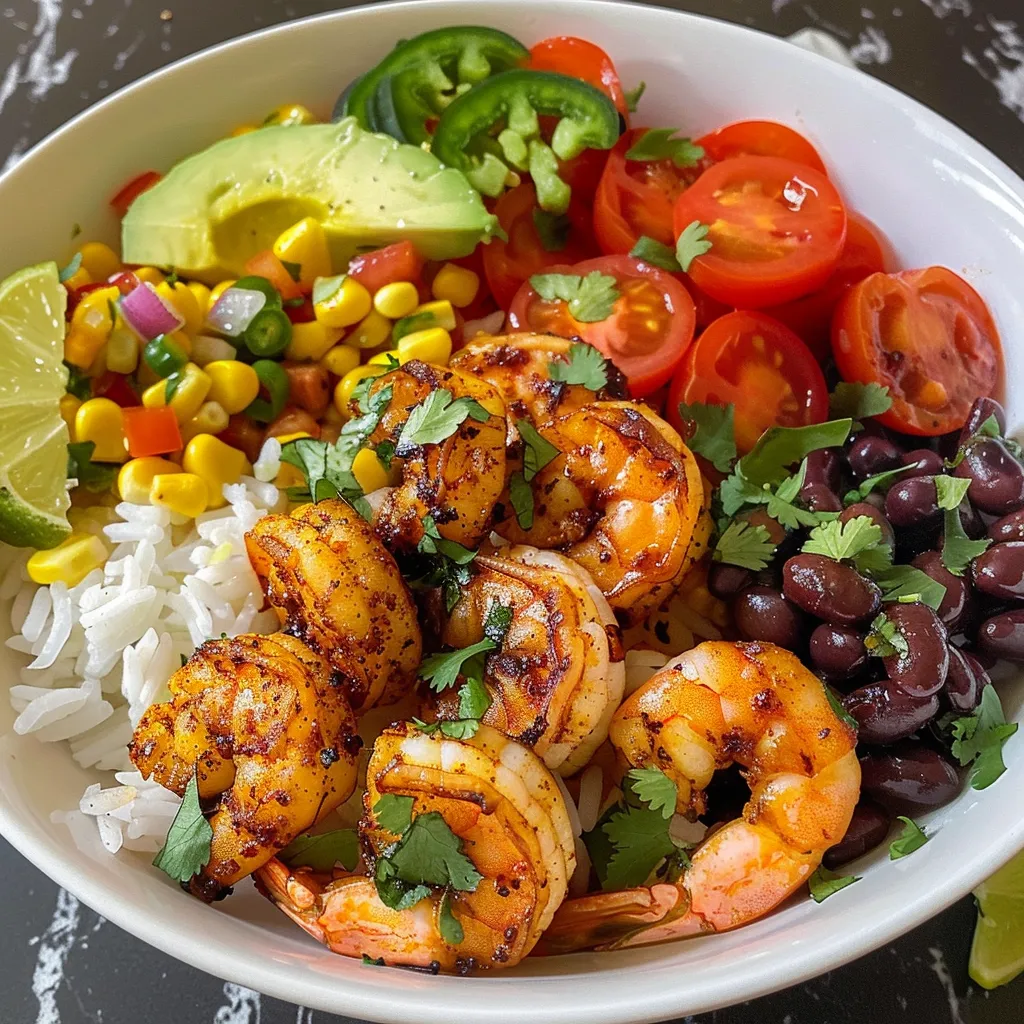Juicy shrimp over rice and beans, garnished with vegetables and lime in a bowl.
