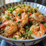 Close-up view of spicy shrimp fried rice with vibrant colors and texture.