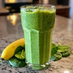Close-up view of a vibrant green spinach mango smoothie in a glass.