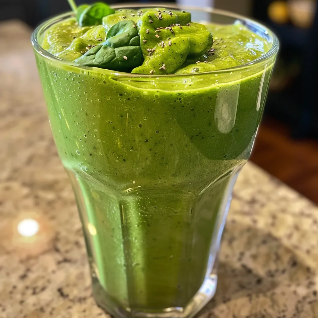 Side angle of a refreshing spinach mango smoothie, showcasing its creamy texture.