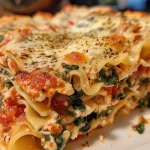 A close-up view of creamy Spinach Ricotta Pasta, showcasing vibrant green spinach and rich ricotta sauce.