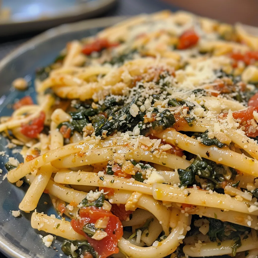Side view of a plate filled with Spinach Ricotta Pasta, featuring melted cheese and garnished with fresh basil.